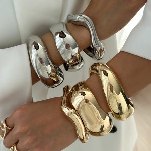 Barman Bold Irregular Wavy Cuff Bracelet Women Polished Open Metal Statement Bangle