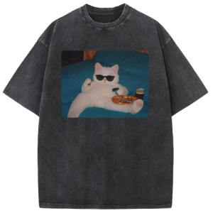 Barman Vintage Washed T‑Shirt Cool Lazy Cat Graphic Print Short Sleeve Tee