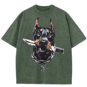 Barman Women's Vintage Washed T‑Shirt Cool Doberman Dog Graphic Loose Casual Tee