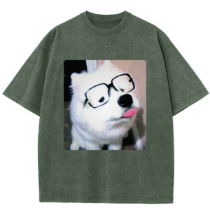 Barman Women Vintage Washed T‑Shirt Funny Samoyed Dog Graphic Short Sleeve Tee