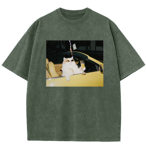 Barman Women Vintage Washed T‑Shirt Cool Rich Cat Car Graphic Short Sleeve Tee - Image 6