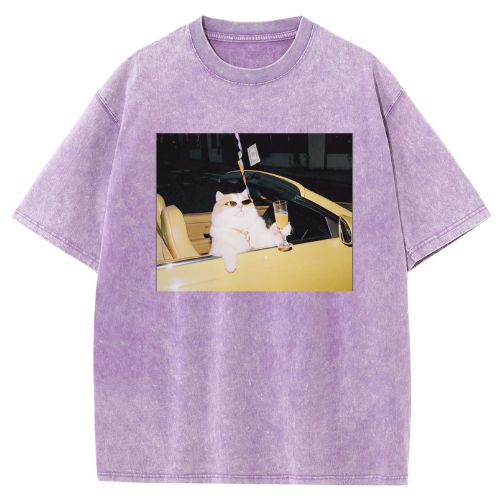Barman Women Vintage Washed T‑Shirt Cool Rich Cat Car Graphic Short Sleeve Tee - Image 5
