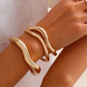 Barman Wavy Curved Open Cuff Gold Bracelet Set