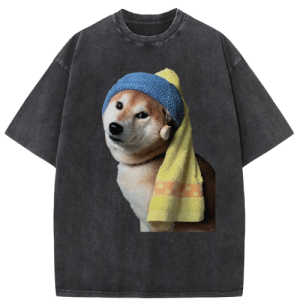 Barman Women Vintage Washed T‑Shirt Cute Bathing Shiba Inu Graphic Short Sleeve Tee