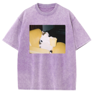 Barman Women Vintage Washed T‑Shirt Popcorn Meme Cat Graphic Short Sleeve Tee