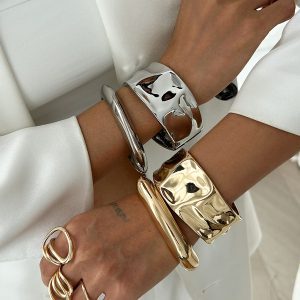 Barman Chunky Gold Cuff Bracelet Set Hammered Textured Open Cuff Bangle Bracelets