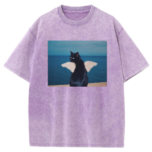 Barman Women Vintage Washed T‑Shirt Angel Black Cat Ocean Graphic Short Sleeve Tee