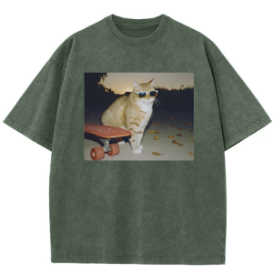 Barman Women Vintage Washed T‑Shirt Cool Skateboard Cat Graphic Short Sleeve Tee