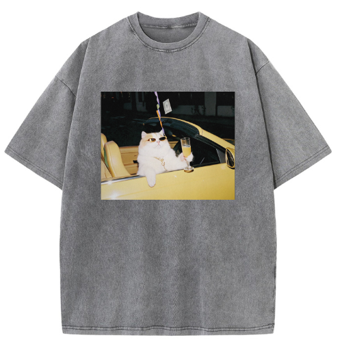 Barman Women Vintage Washed T‑Shirt Cool Rich Cat Car Graphic Short Sleeve Tee - Image 7