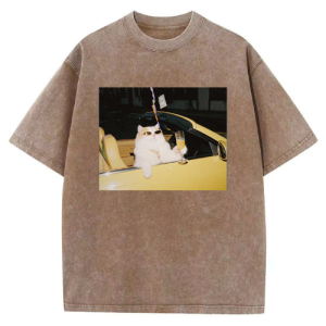 Barman Women Vintage Washed T‑Shirt Cool Rich Cat Car Graphic Short Sleeve Tee