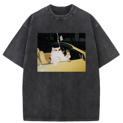 Barman Women Vintage Washed T‑Shirt Cool Rich Cat Car Graphic Short Sleeve Tee - Image 8