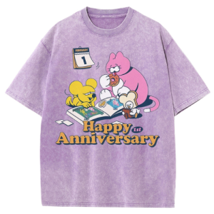 Barman Women's Vintage Washed T‑Shirt Cartoon Animal Happy Anniversary Graphic Loose Casual Tee