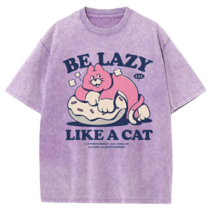 Barman Women Vintage Washed T‑Shirt Be Lazy Like A Cat Cartoon Graphic Short Sleeve Tee