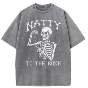 Barman Women Vintage Washed T‑Shirt Skeleton Natty To The Bone Graphic Short Sleeve Tee