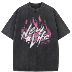 Barman Women Vintage Washed T‑Shirt New Life Flame Star Graphic Short Sleeve Tee