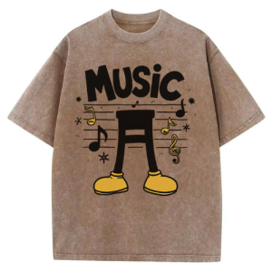 Barman Women Vintage Washed T‑Shirt Music Note Cartoon Graphic Short Sleeve Tee