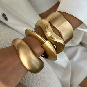 Barman Matte Gold Irregular Chunky Open Cuff Bracelet Stackable Statement Bangle