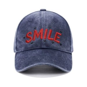 Barman Vintage Washed Cotton Baseball Cap SMILE Embroidery Adjustable Casual Dad Hat for Women