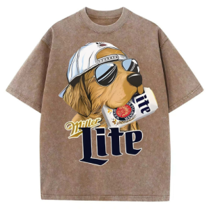 Barman Vintage Washed T‑Shirt Cool Dog Beer Graphic Print Short Sleeve Tee