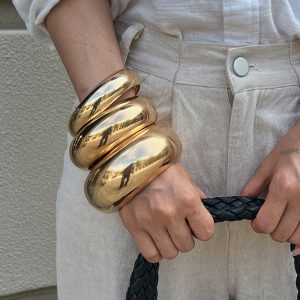Barman Chunky Polished Stackable Metal Bangle Set Gold Silver Statement Bracelets