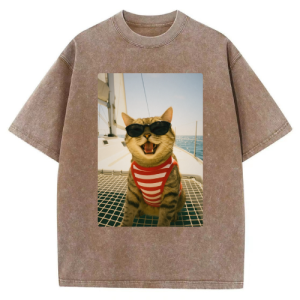 Barman Women Vintage Washed T‑Shirt Cool Sailor Cat Graphic Short Sleeve Tee