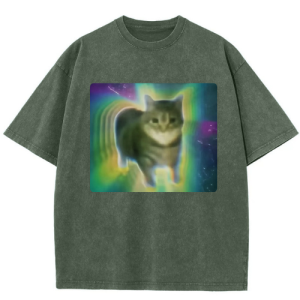 Barman Women Vintage Washed T‑Shirt Galaxy Meme Cat Graphic Short Sleeve Tee