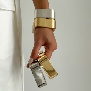 Barman Wide Rectangular Hinged Cuff Bracelet Gold Silver Bold Statement Jewelry