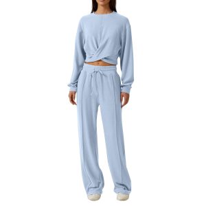 Barman Women 2 Piece Tracksuit Twisted Front Cropped Sweatshirt Drawstring Wide Leg Pants Loungewear Set