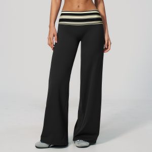 Barman Women's Striped Fold Over Waist Flare Pants High Waist Stretch Casual Wide Leg Trousers