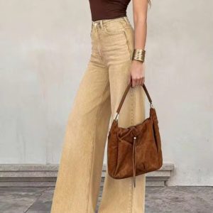 Barman Women's Khaki High Waist Wide‑Leg Denim Jeans Casual Trousers