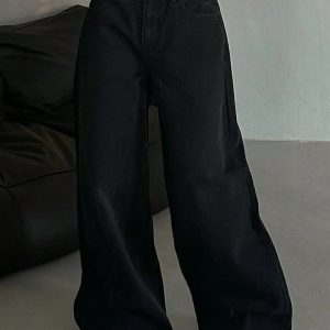 Barman Women's High Waist Black Wide‑Leg Denim Jeans Casual Baggy Long Trousers