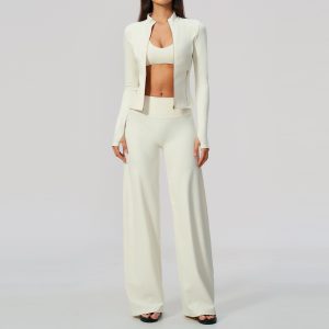 Barman Women 3 Piece Set Zip Up Long Sleeve Jacket Sports Bra High Waist Wide Leg Pants Workout Tracksuit