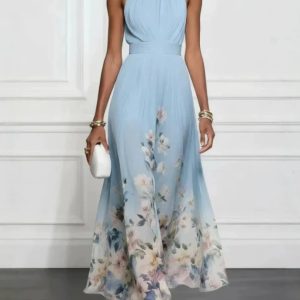 Barman Women Halter Neck Floral Print Chiffon Maxi Dress Back Bow Sleeveless Formal Party Long Dress