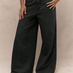 Barman Women's High Waist Black Wide‑Leg Denim Jeans Casual Long Trousers