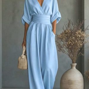 Barman Women V Neck Wrap 3/4 Sleeve Waist Sash Wide Leg Palazzo Jumpsuit With Pockets