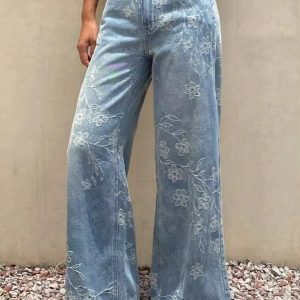 Barman Women's Floral Jacquard High Waist Wide‑Leg Denim Jeans Long Pants