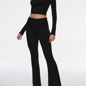 Barman Women 2 Piece Yoga Outfit Long Sleeve Crop Top Fold‑Over Waist Flare Leg Pants Workout Set
