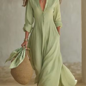 Barman Women Collared Shirt Maxi Dress 3/4 Sleeve Half Button Loose Casual Long Dress With Pockets