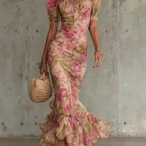 Barman Women Puff Sleeve Mermaid Maxi Dress High Neck Ruffle Hem Formal Party Long Dress