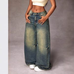 Barman Women's Vintage Washed Baggy Wide‑Leg Denim Jeans Casual Long Trousers