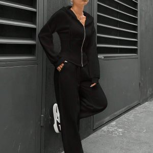 Barman Women 2 Piece Tracksuit Zip Up Corset Hoodie High Waist Wide Leg Pants Loungewear Set