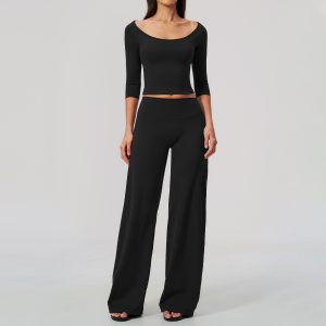 Barman Women'sOne‑Sided Shoulder  3/4 Sleeve Crop Top High Waist Wide Leg Pants 2 Piece Yoga Outfit Set