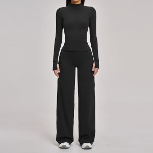 Barman Women 2 Piece Workout Outfit Zip Up Long Sleeve Jacket High Waist Wide Leg Pants Tracksuit Set