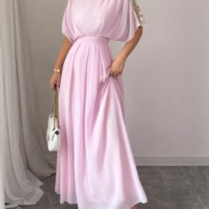 Barman Women Chiffon Maxi Dress Short Flutter Sleeve Floral Embroidery Formal Bridesmaid Long Dress