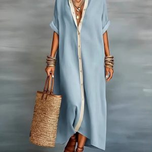 Barman Women Button Down Shirt Maxi Dress Short Sleeve Loose Casual Lapel Split Long Dress