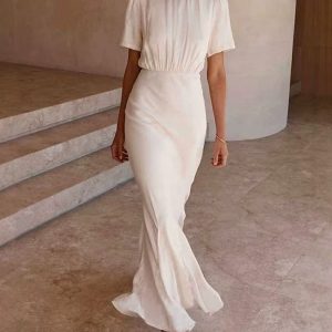 Barman Women Short Sleeve Midi Mermaid Dress Crew Neck Ruched Waist Formal Party Bodycon Dress