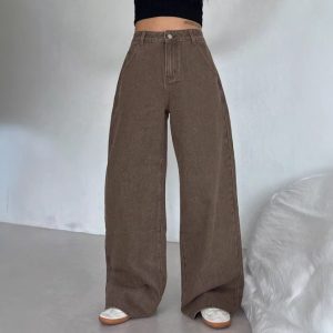 Barman Women's Vintage Brown High Waist Wide Leg Denim Jeans Casual Loose Pants