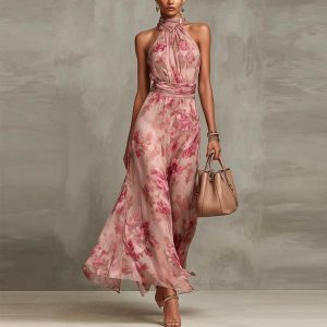 Barman Women Halter Floral Maxi Dress Elastic Waist Chiffon Flowy Boho Dress