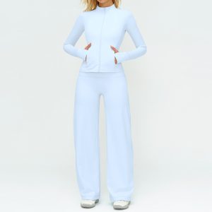 Barman Women 2 Piece Tracksuit Set Zip Up Long Sleeve Jacket With Pockets High Waist Wide Leg Pants Yoga Workout Outfit