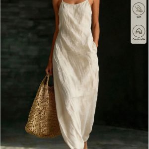 Barman Women Textured Spaghetti Strap Maxi Dress Casual Sleeveless Slip Dress With Pockets Back Split